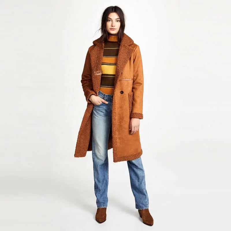 Casual Vintage Decoration Broadcloth Long Coat Ladies Winter Plus Size Brown Fake Fur Collar Wool Blending Patchwork Design