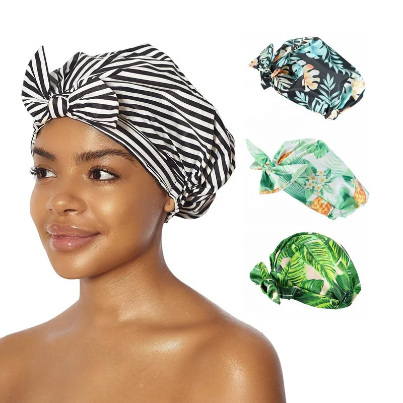 Hot Selling Waterproof Printed Reusable Bowknot Women Bouffant Shower Caps