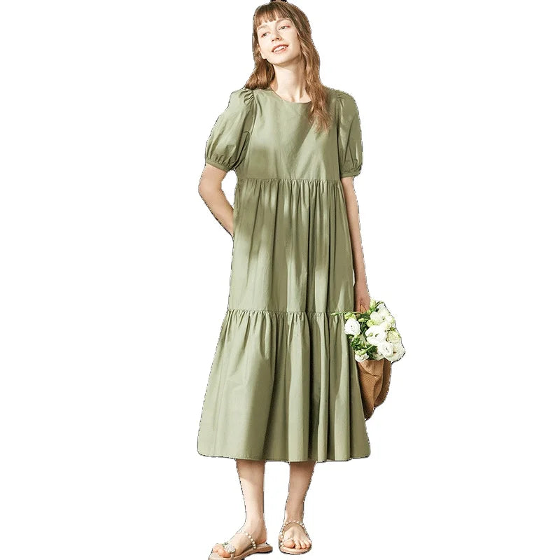 MANNI Plus Size Ruched Short Sleeve Cascading Ruffle Linen Casual Women Dress Summer 2021