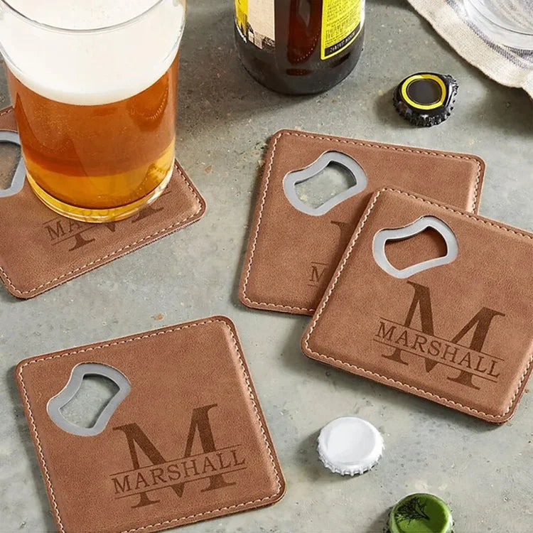 Custom Engraved Logo PU Leather Metal Bottle Opener Blank Laserable Leatherette Square Bottle Opener Coaster