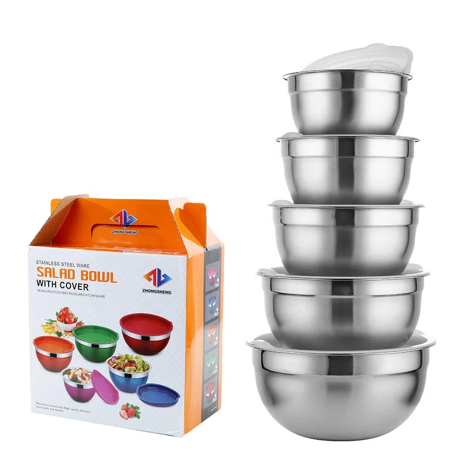 Eco-Friendly 5-Pcs Set of Polished 201 Stainless Steel Multipurpose Deep Salad Mixing Bowls with Covers Metal Material