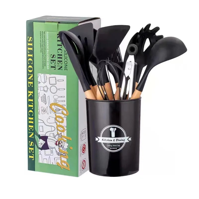 WEiMUBlack Red Grey 12 PCS Silicone Kitchenware Spatula Spoon Slotted Turner with Beech Wooden Handle Kitchen Tools Set