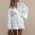 Women's V-Neck Kimono Cardigan Mini Dress Cotton Linen Long Sleeve Sashes Dress Robe Style Summer Loose Sleep Wear