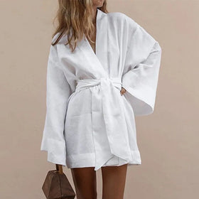 Women's V-Neck Kimono Cardigan Mini Dress Cotton Linen Long Sleeve Sashes Dress Robe Style Summer Loose Sleep Wear