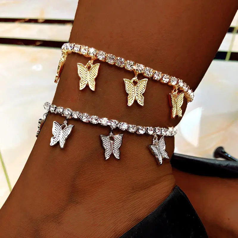 Creative Crystal Cuban Anklets  Women Summer  Gold Pink Butterfly Anklets for Women