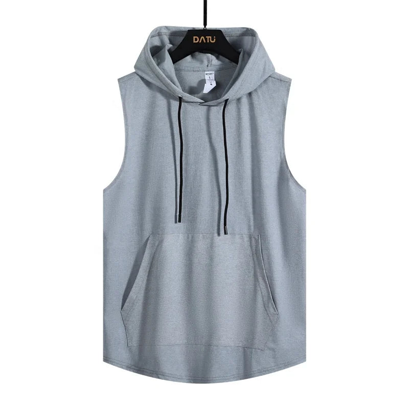 Loose Style Men Summer Hoodies Workout Wear Men Vest With Big Pocket Sleeveless Hoodies