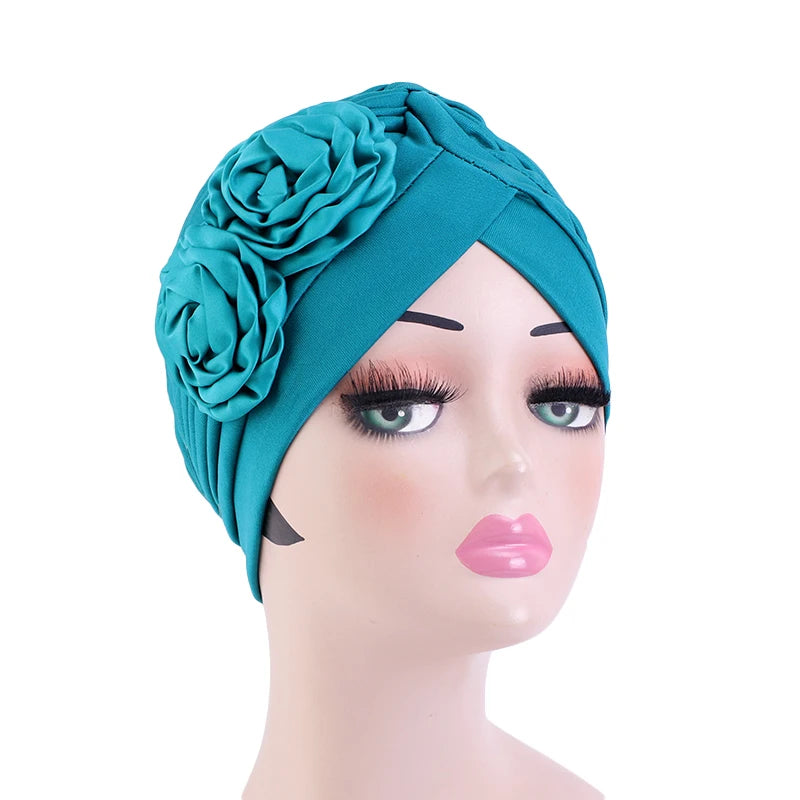 Wholesale Polyester Double Big Flower Ruffle Turban Customizable Solid Color Headwraps Women Turban Hat for Loss Hair Hat Cap