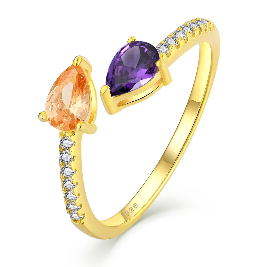 Elegant 925 Sterling Silver Ring 18K Gold Plating Featuring Pear-Shaped Citrine & Amethyst Stones Adjustable Ring for Women