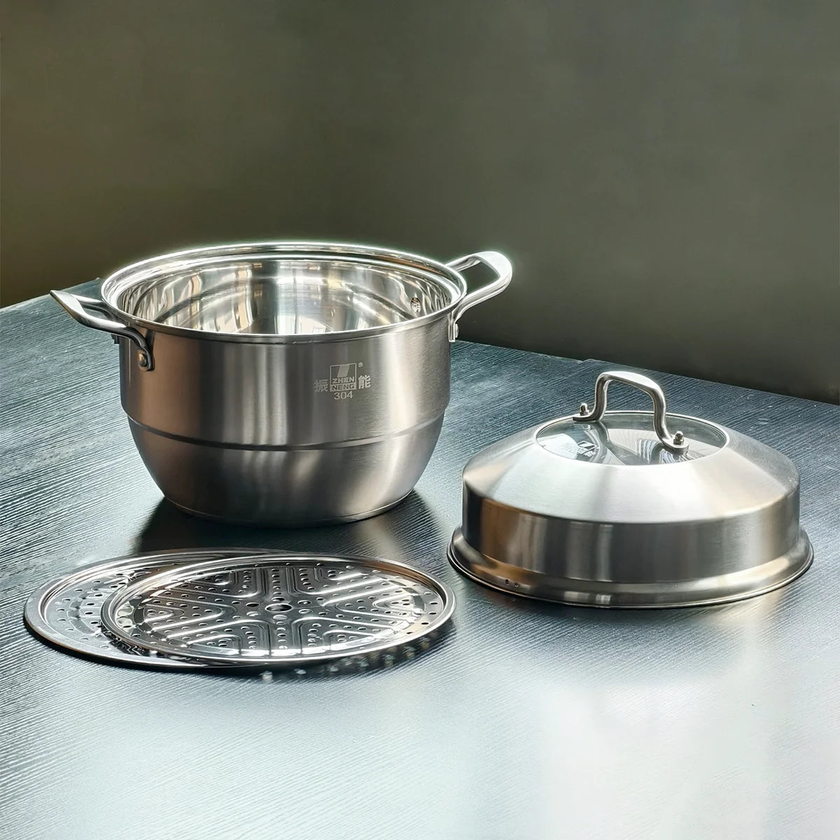 ZHENNENG Restaurant 26cm Stainless Steel 304 Steamer Pot with Double Handles Kitchen Large Capacity 6L Canteen Cooking Pot
