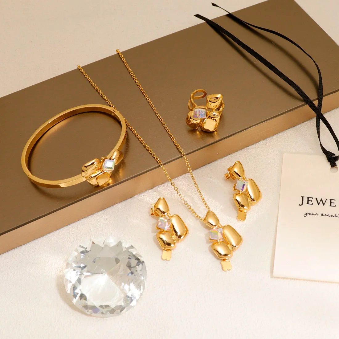 18K Stainless Steel Fashion Women Nigerian Wedding Design Gemstone Gold Plated 4Pcs Bracelet Jewelry Girl Luxury Sets
