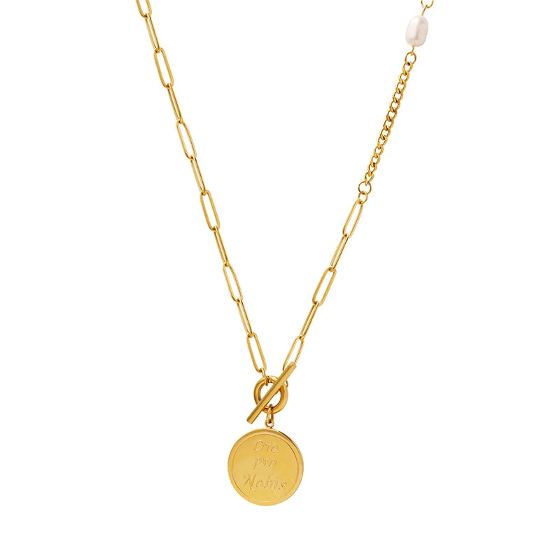 Trendy Gold Plated Stainless Steel Round Pendant Necklace with OT Button Pearl Letter and Strand Chain for Parties Weddings