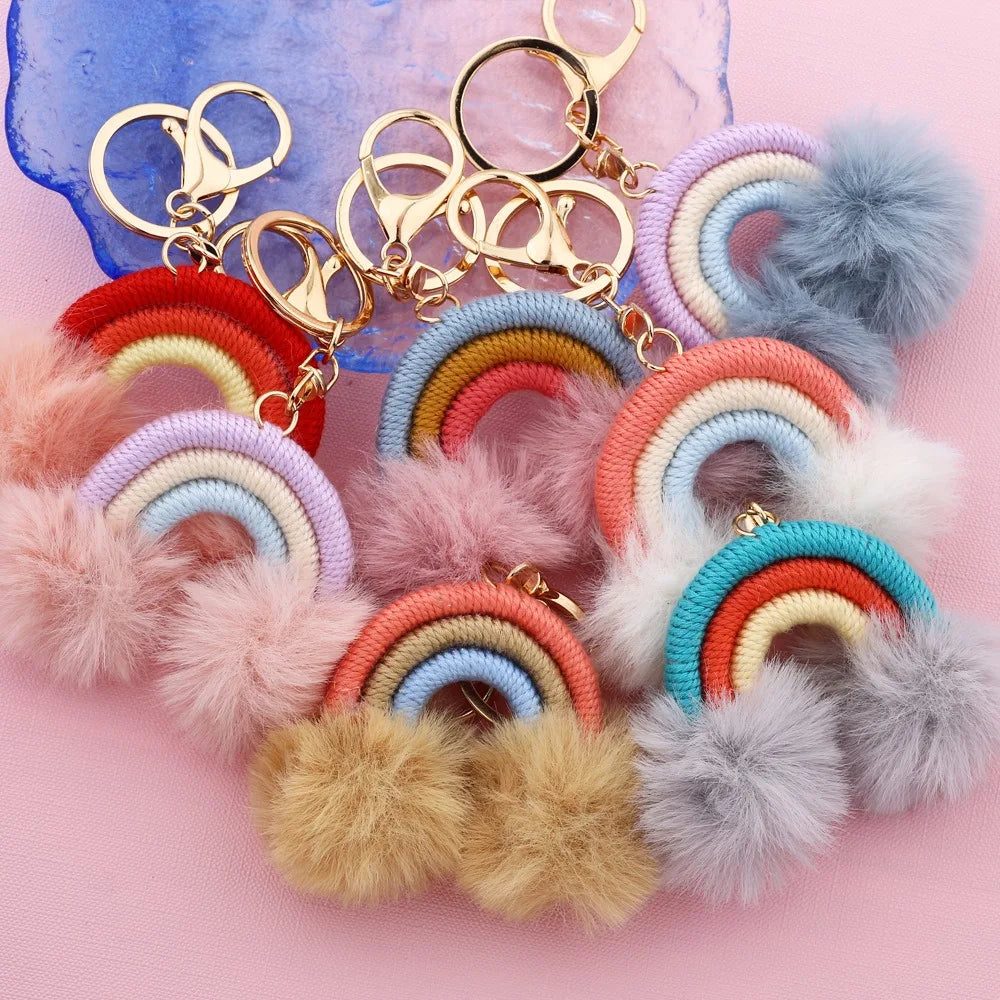 New Boho Pompom Keychain with Rainbow Pendant Handwoven Macrame and Cute Plush Doll Rechargeable Feature