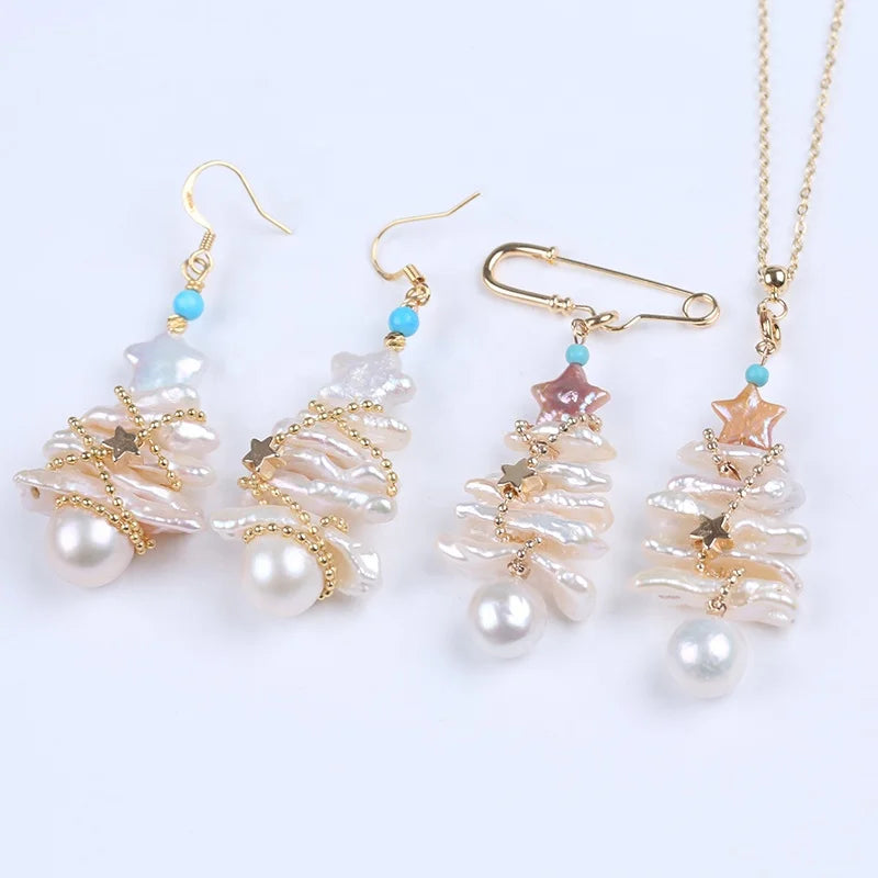 New Christmas Tree Wrapped Star Toothpick Baroque Natural Freshwater Pearls Necklace Set for Women Gifts