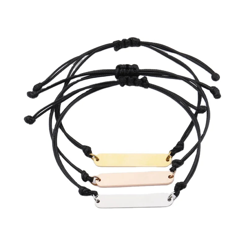 Adjustable Stainless Steel Bracelet with Wind Wax Rope Woven Design Long Curved Stick Hollow Hand Simple Laser Logo Trendy Style