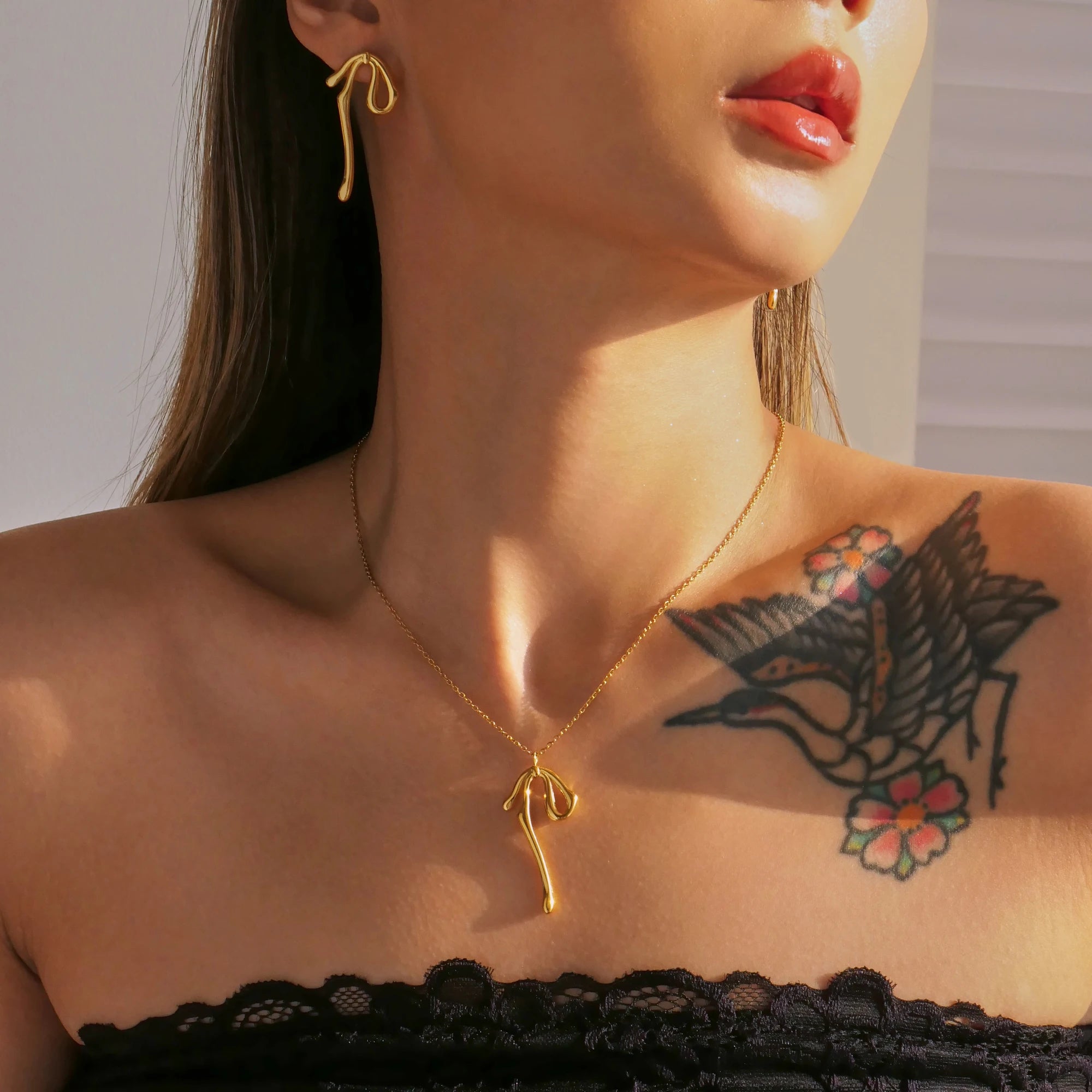 NEW BOHO BOW MINIMALIST NECKLACE EARRINGS ARTIST SET 2025 Dazan HOT 18k Gold Plated Tarnish Free Stainless Steel Lovely Jewelry