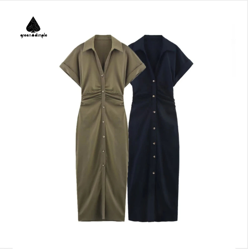 Women's Shirt Dress Lapel Collar Short Sleeve Button Down Ruched Waist Midi Casual Wrap Dress
