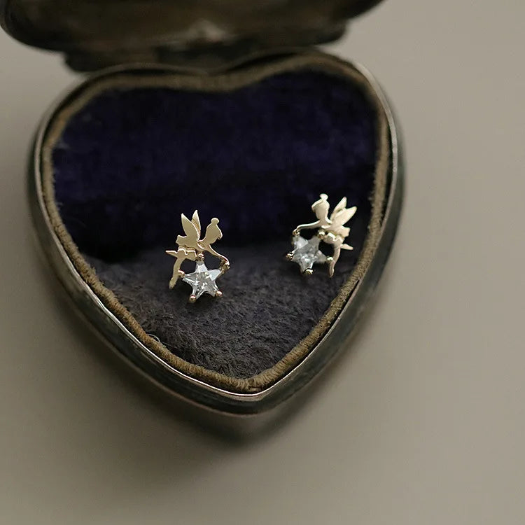 Cute Fashion Gold Plated Pure 925 Sterling Silver Letter Zircon Crystal Flower Fairy Angle Stud Earrings for Women Girls