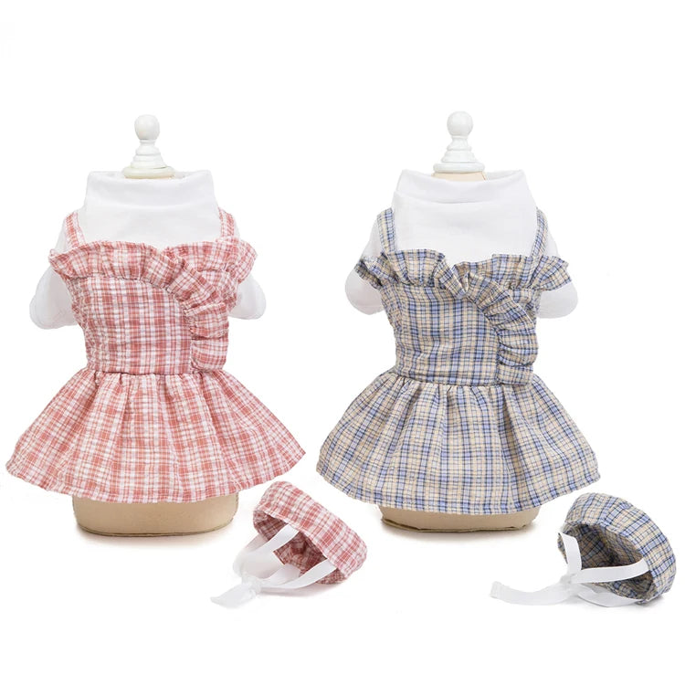 Wholesale Cute Summer Dog Mini Plaid Cotton Dress with Cap