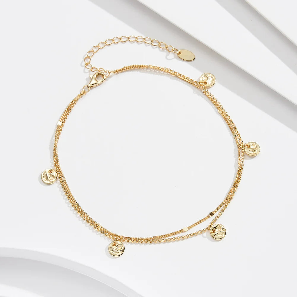 RINNTIN SA64 925 Sterling Silver Women Foot Jewelry Double Layer Box Chain Round Shape Anklet