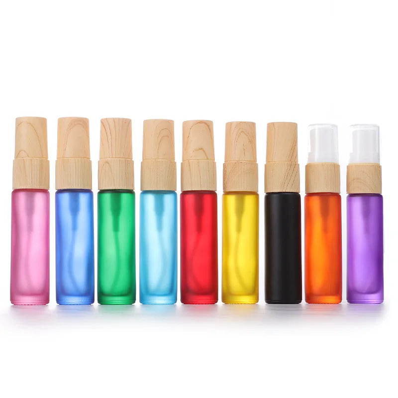 10ml Mini Empty Frosted Colored Glass Perfume Bottles Thick Bottom Cylinder Shape Refillable with Wood Grain Plastic Pump