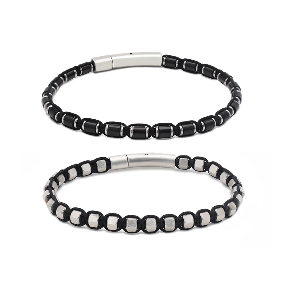 Fashion 4x4MM Cylinder Stainless Steel Beaded Bracelet Cord Woven Stainelss Steel Clasp Daily Wear Jewelry for Gift