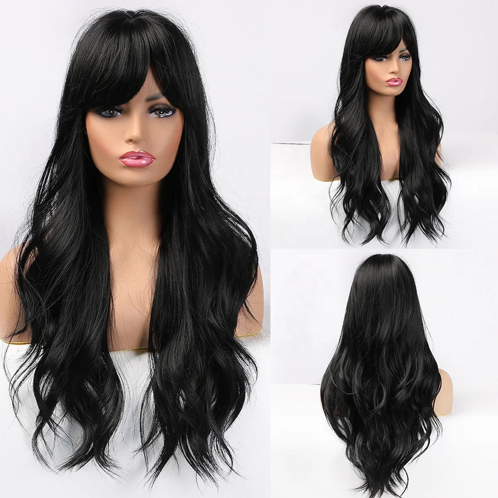 Wholesale Cheap Long Natural Wave Hair Wig Synthetic High Temperature Fiber Direct Price Silk Top Curly Wigs Bangs for Women