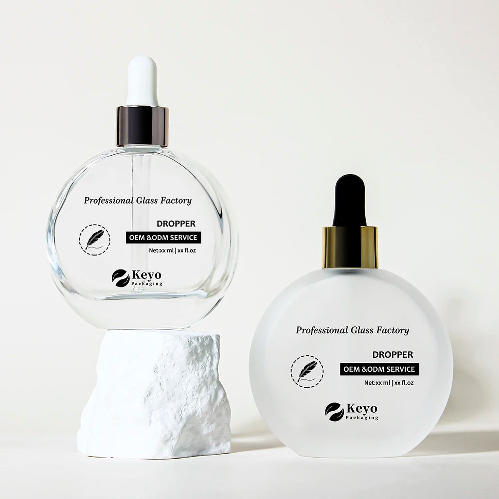 Custom 50ml Flat Orund Frost Thick Hair Oil Serum Glass Dropper Bottle Essential Oil Spraying Bottle Cosmetic Packing Keyo