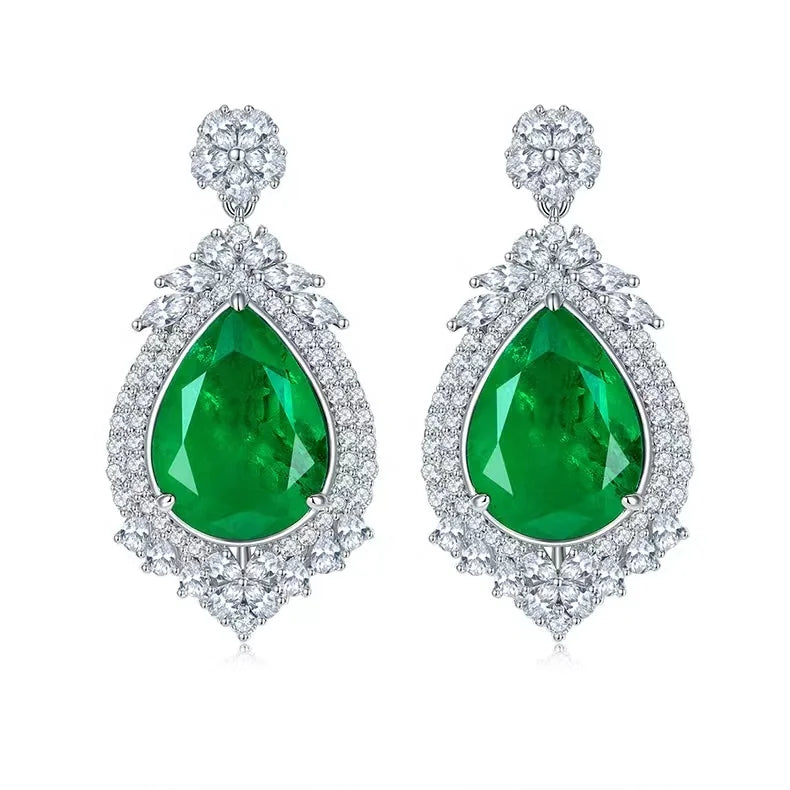 Hot Sale Light Luxury Style Pear Shape Green Glass S925 Silver Rhodium Plated Earrings