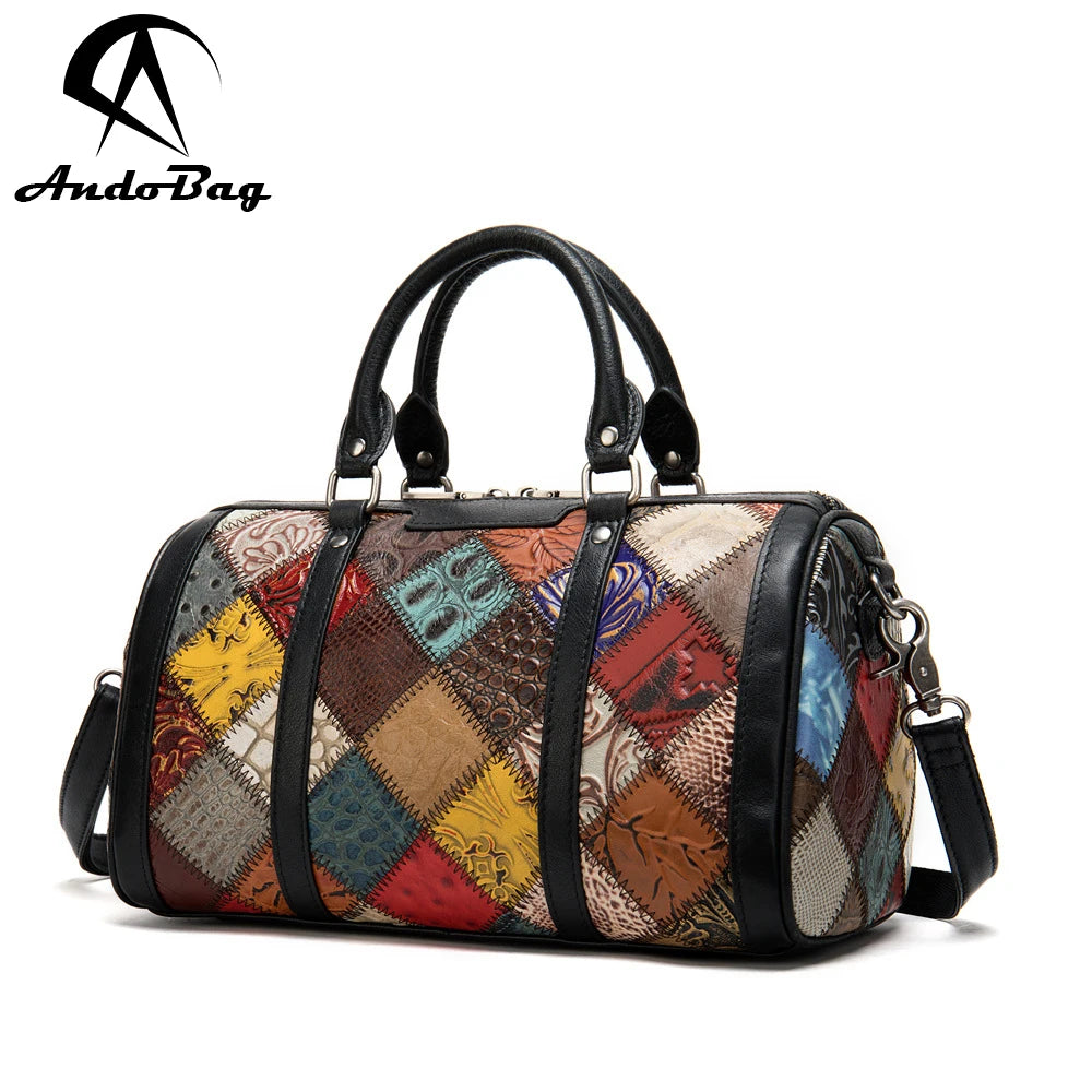 AndoBag Handbags for Women Vintage Genuine Cow Leather Patchwork Pillow Type Ladies Shoulder Crossbody Bag 100