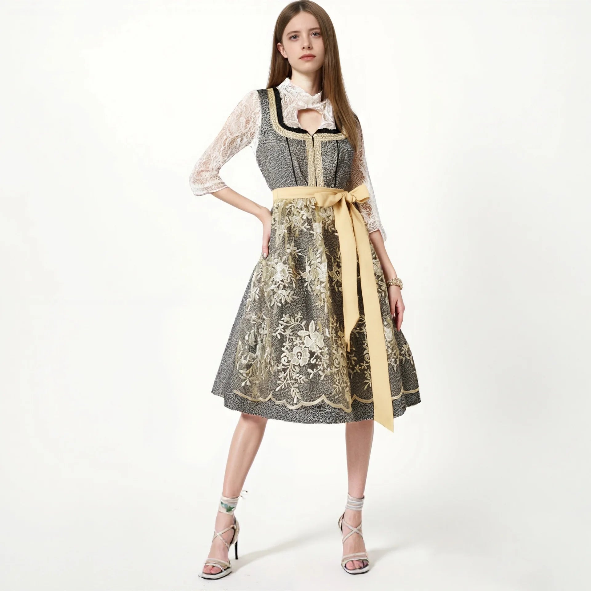 Women's 2 Pieces Retro Jacquard Bavarian Dirndls Oktoberfest Costume German Bavarian Beer Dirndl Lace Dress