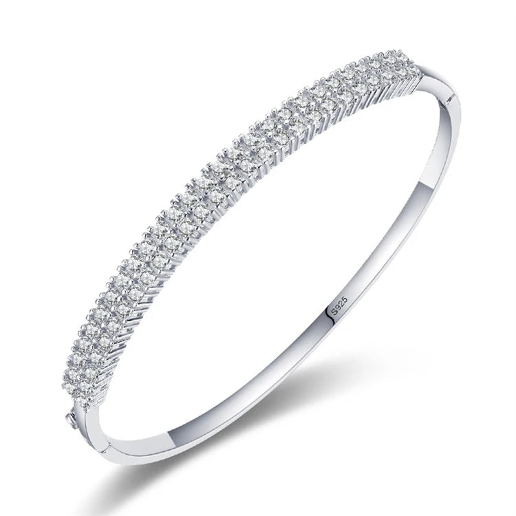 Luxury Layers Cuff Bracelet Bangle 925 Sterling Silver Fashion Simple 2 Rows Iced Out Cubic Zircon Bangles for Women Gifts