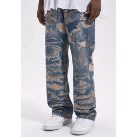 Custom Label Drop Ship Stock Street Wear Stock Men Printing Blue Stacked Flared Denim Jeans