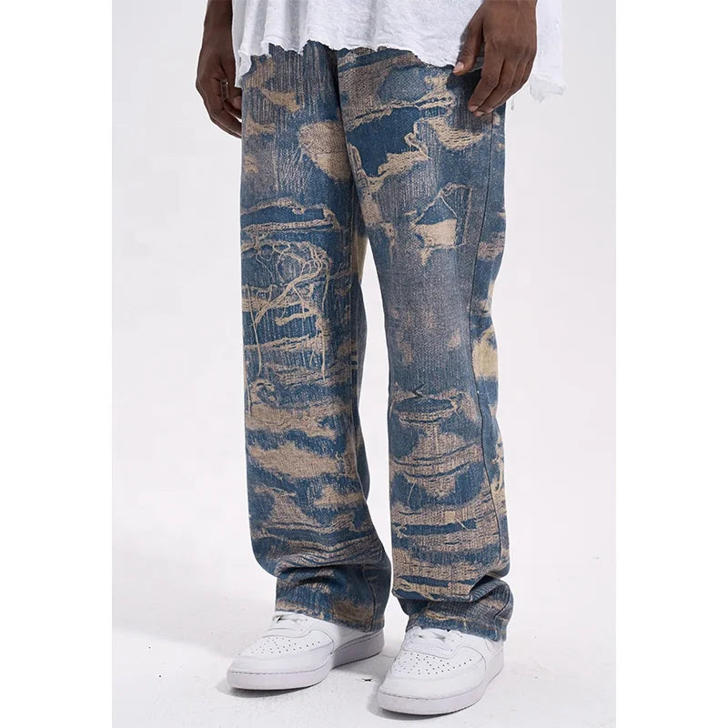 Custom Label Drop Ship Stock Street Wear Stock Men Printing Blue Stacked Flared Denim Jeans