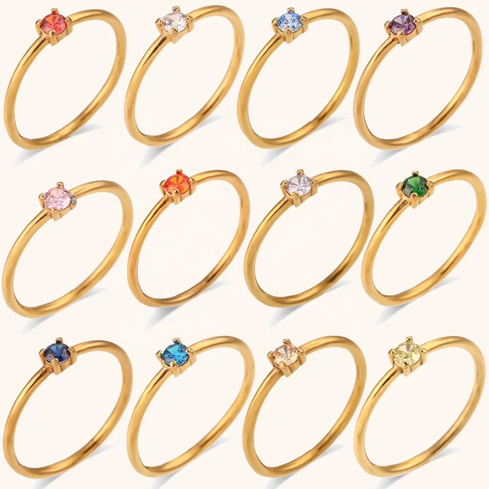 Ding Ran Hot Sale  Small Size Ring Colorful Birth Stone Zircon Rings 18K Gold Plated Stainless Steel Ring Set