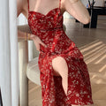 2023 Summer Women's New French Beach Vacation Side Split Print Dress Red Strap Dress