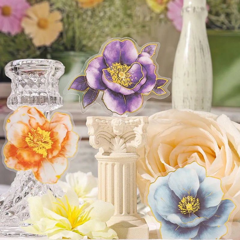 20pcs/pack Gilt Flower Dawn PET Stamping Handbook Stickers Pack Stickers Premium Feeling Vintage Floral Handbook Stickers