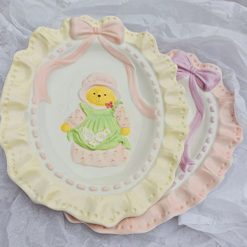 Ins Korea Cute Hand Painted Underglazed Color Lace Ceramic Dessert Cake Plate
