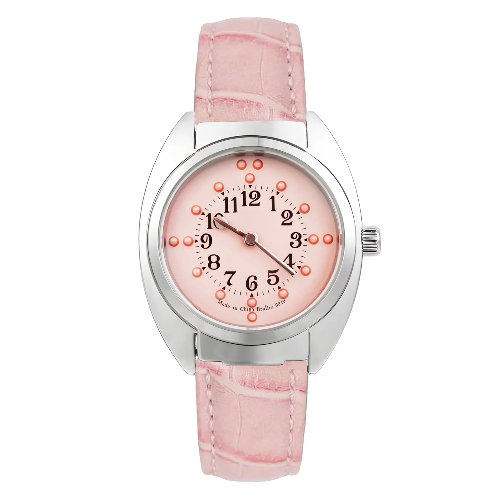 Ladies Braille Watch Chrome Leather Band-White Dial for Blind People or Visually Impaired People or Old People