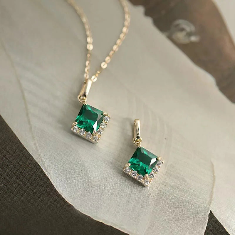 Classic Emerald Pendant Green Zircon 14k Gold Women Jewelry 925 Sterling Silver Necklace