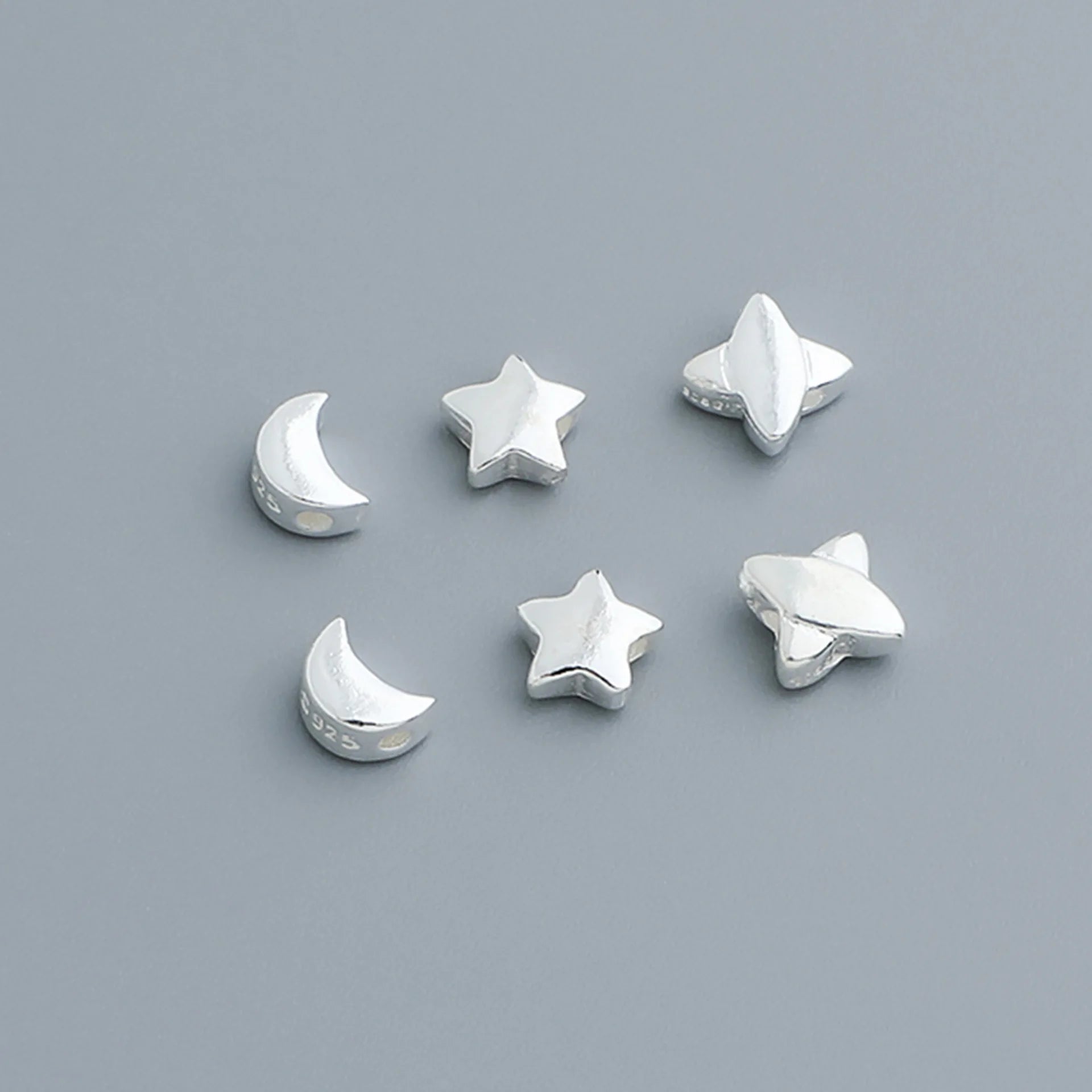 Fashion 925 Sterling Silver Geometric Stars Moon Spacer Beads for Bracelet Necklace Making Finding