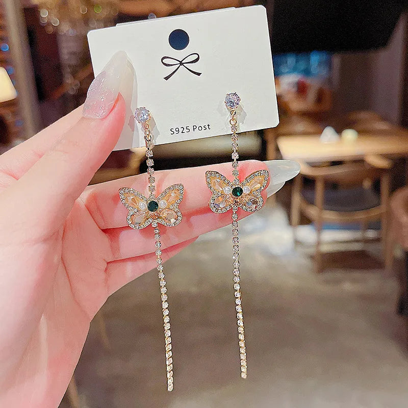 S925 Silver Needle Butterfly Long Diamond-Set Tassel Earrings for Women Rhinestone Crystal Tassel Shiny Earring