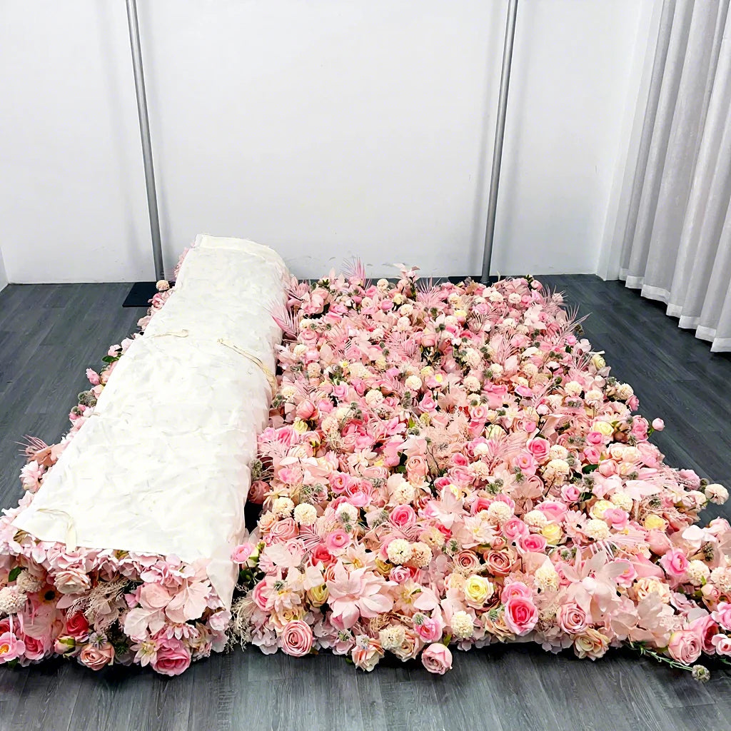 DKB New 3D Roll up Tropical Pink Leaves Backdrop Panel Pink Artificial Rose Grass Flower Wall for Wedding Event Stage Decor