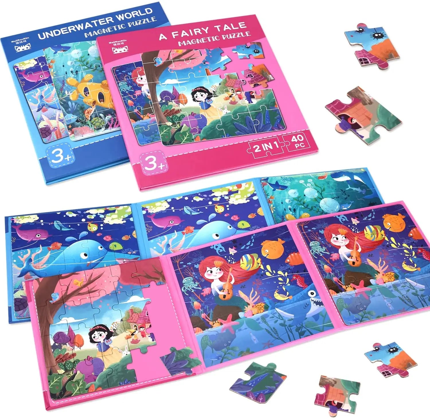Magnetic Puzzles Two-Books Set Mermaid Animal Wooden Jigsaw Puzzles Book for Preschool Educational Learning Toys for Kids