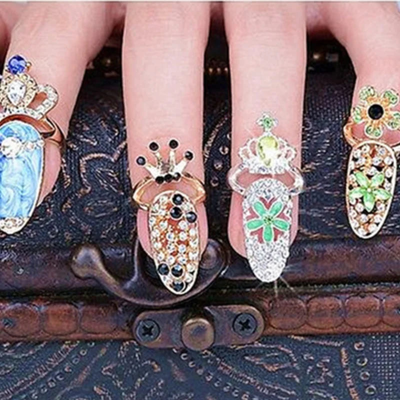 Paso Sico New Arrive 12 Design Adjustable Fashion 3D Diamond Crown Finger Ring Alloy Nail Charms for DIY Nail Art Decoration