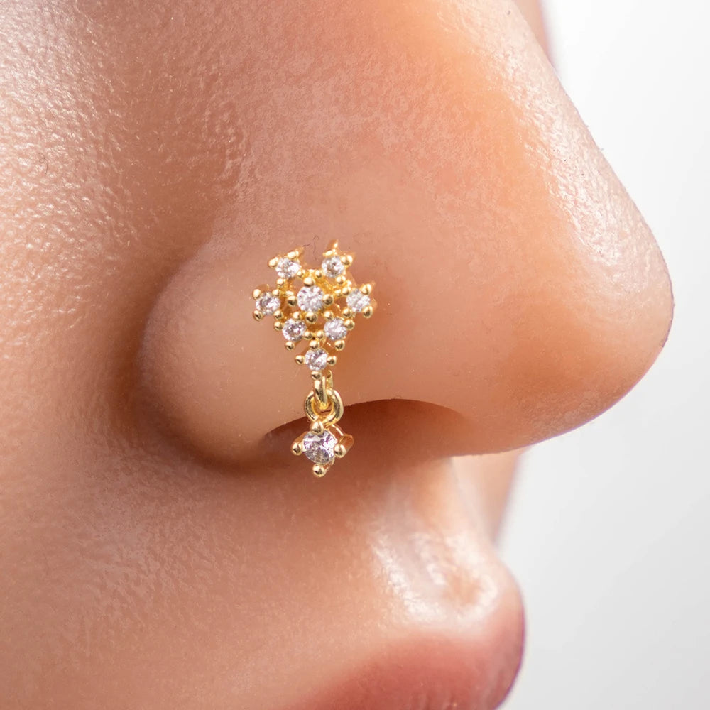 HENGSEN Gold Plated Stainless Steel L Stick Nose Piercing Jewelry Cubic Zirconia Dangle Nose Stud for Women 631-3-L