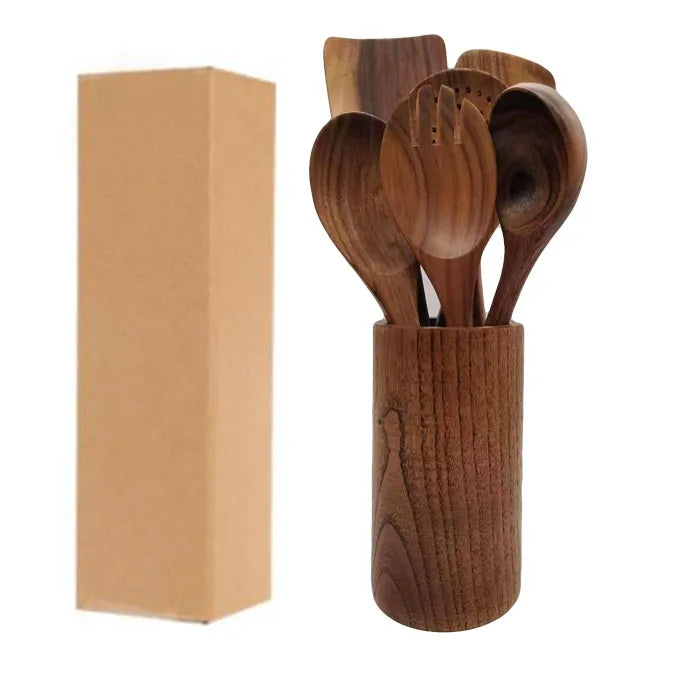 Healthy Natural Nonstick Hard Wood 7 PCS Teak Wooden  Kitchen Cooking Spatula Utensil Set With Holder and Packing Box