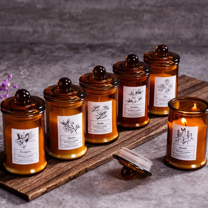 Luxury Scented Candle Custom Logo and Packaging Soy Wax Creative Design Brown Glass Jar with Lid Holiday Bars Pillar