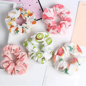 Sweet Fruit Print Floral Scrunchies for Women Hair Accessories Elastic Hair Rubber Band Cute Hair Ties
