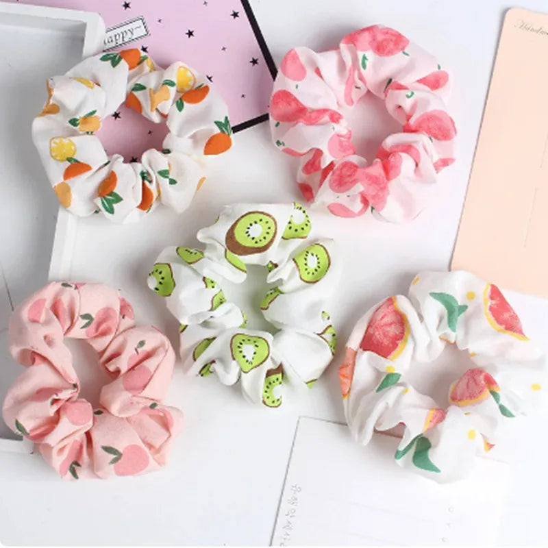 Sweet Fruit Print Floral Scrunchies for Women Hair Accessories Elastic Hair Rubber Band Cute Hair Ties