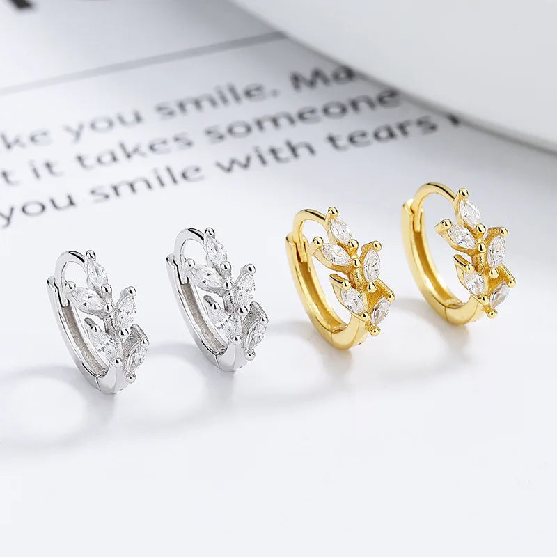 Fashion Jewelry 925 Sterling Silver Statement Earrings Geometric Leaves Leaf  Shape Zircon Gold Plated Hoop Earrings Women